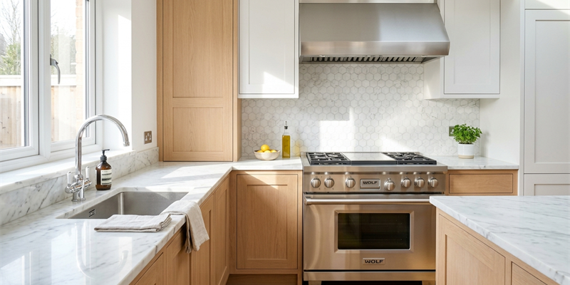 A clean kitchen with an oven, hob and sink