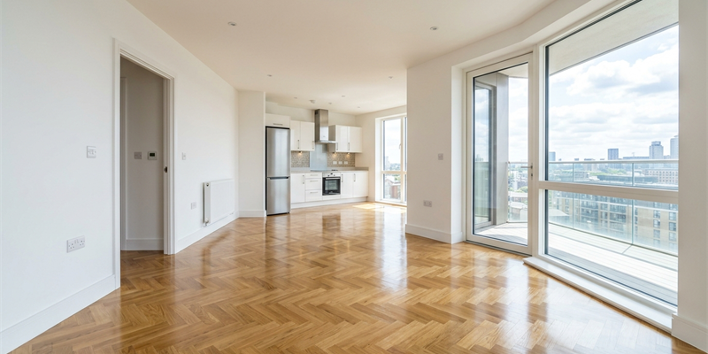 An empty flat with a herringbone wooden floor, white walls and an open-plan kitchen