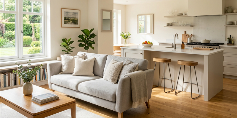 A living room with a sofa, coffee table and bookshelves in front of an open-plan kitchen