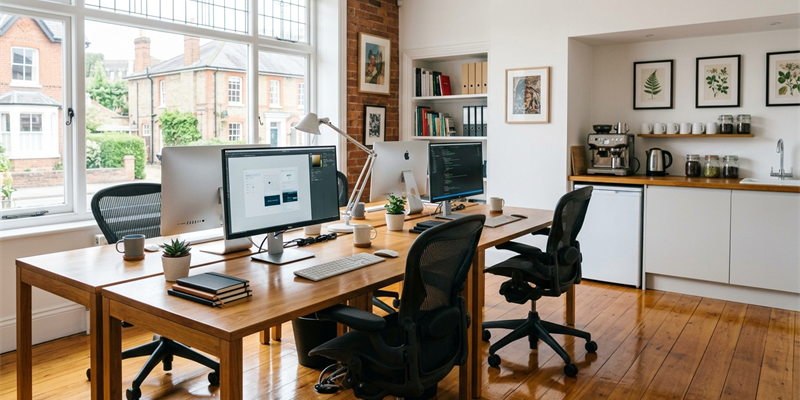 A small office with desks, monitors and a kitchenette